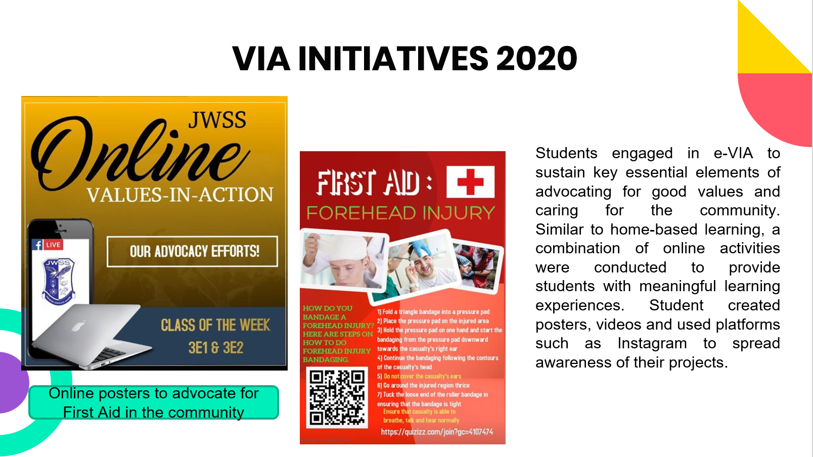 Slide titled VIA Initiatives 2020 showing posters on first aid and online values-in-action advocacy efforts.